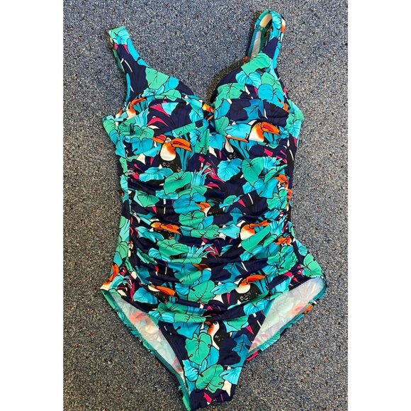 Miraclesuit Bathing Suit Swim One Piece Green Blue Tucan Tropical Size 12 - Picture 1 of 4